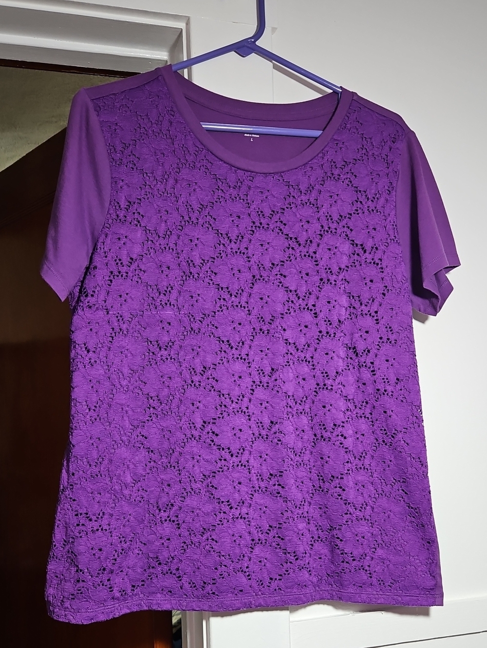 Laura Scott Purple Floral Lace Front Short Sleeve Blouse Top Size Large EUC